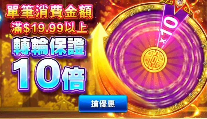 金猴爺老虎機：單筆消費金額滿$19.99以上，轉輪保證10倍