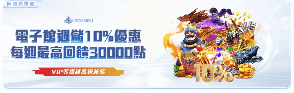 TZ娛樂城優惠：電子館週儲10%優惠 每週最高回饋30000點